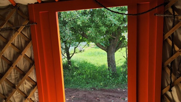 Tienda de campaña con una puerta abierta a un espacio cubierto de césped y árboles.