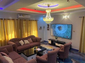 Smart TV, lareira, DVD player, livros