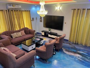 Smart TV, fireplace, DVD player, books