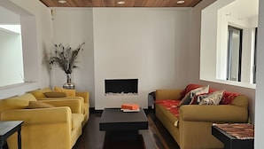 Televisie, een open haard en een filmbibliotheek