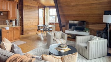 Smart TV, fireplace, books