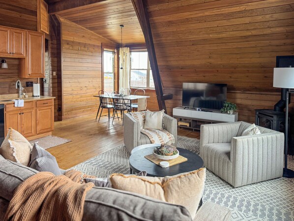 Smart TV, fireplace, books