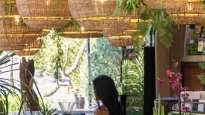 A rustic outdoor seating area with wicker furniture, terracotta pots with plants, and hanging wicker lamps. - Air-conditioned 35m² apt, private garden, pool, parking, Wi-Fi, near sea (cogolin)