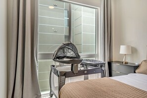 2 bedrooms, desk, iron/ironing board, travel crib
