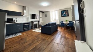 A modern kitchen with dark cabinets, a built-in oven, and a flat-screen TV. - 1 Bedroom Private vacation home in Limoges (Limoges)