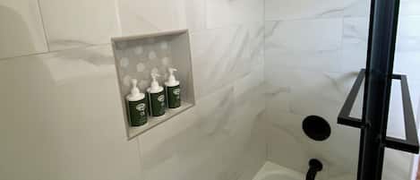 Hair dryer, towels, soap, toilet paper