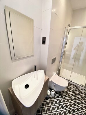 Shower, towels, soap, toilet paper