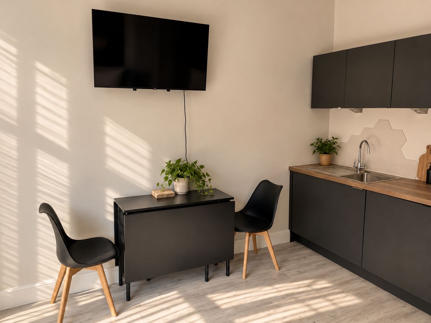 A modern kitchen with a flat-screen TV, two black chairs, a small table, and a potted plant.