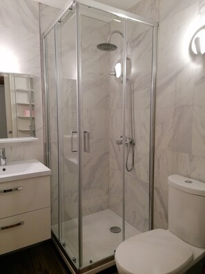 Shower, hair dryer, towels, toilet paper