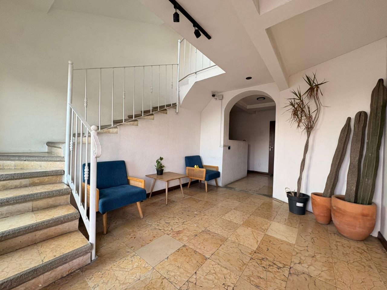Amplia sala de estar con escaleras, asientos y plantas en macetas.