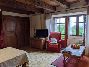 Una televisión, una chimenea, libros