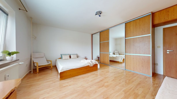 A bedroom with a wooden floor, a bed with white bedding, a chair, a bedside table, a potted plant, and a large mirror. - nice apartman (Bratislava)