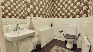 Hair dryer, bidet, towels, soap