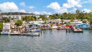 Un port de plaisance où sont amarrés des bateaux, un petit bateau appelé « Stray Dog », et une rangée de bâtiments comprenant un restaurant situé au bord du quai.