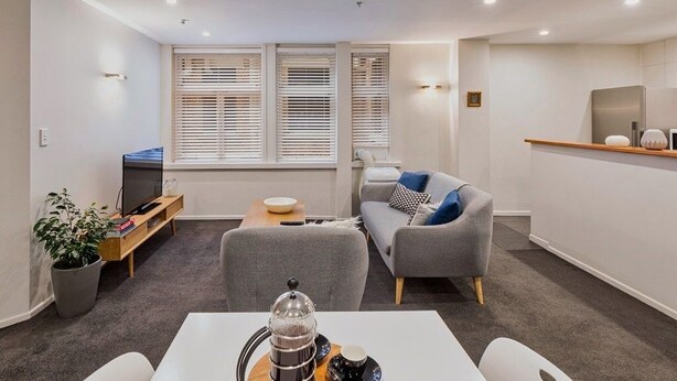 En moderne stue med en grå sofa, et sofabord og et fjernsyn på et stativ. To vinduer med markiser, en plante og et lille bord med en skål.