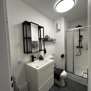 Shower, hair dryer, soap, toilet paper