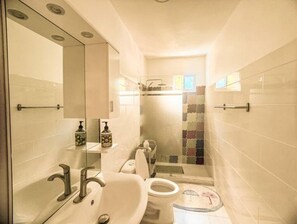 Hair dryer, towels, soap, toilet paper