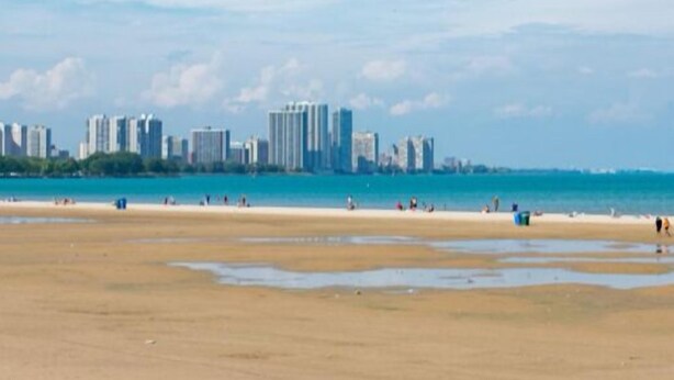 A beach with a city skyline in the background. - Lower level luxury (Chicago)
