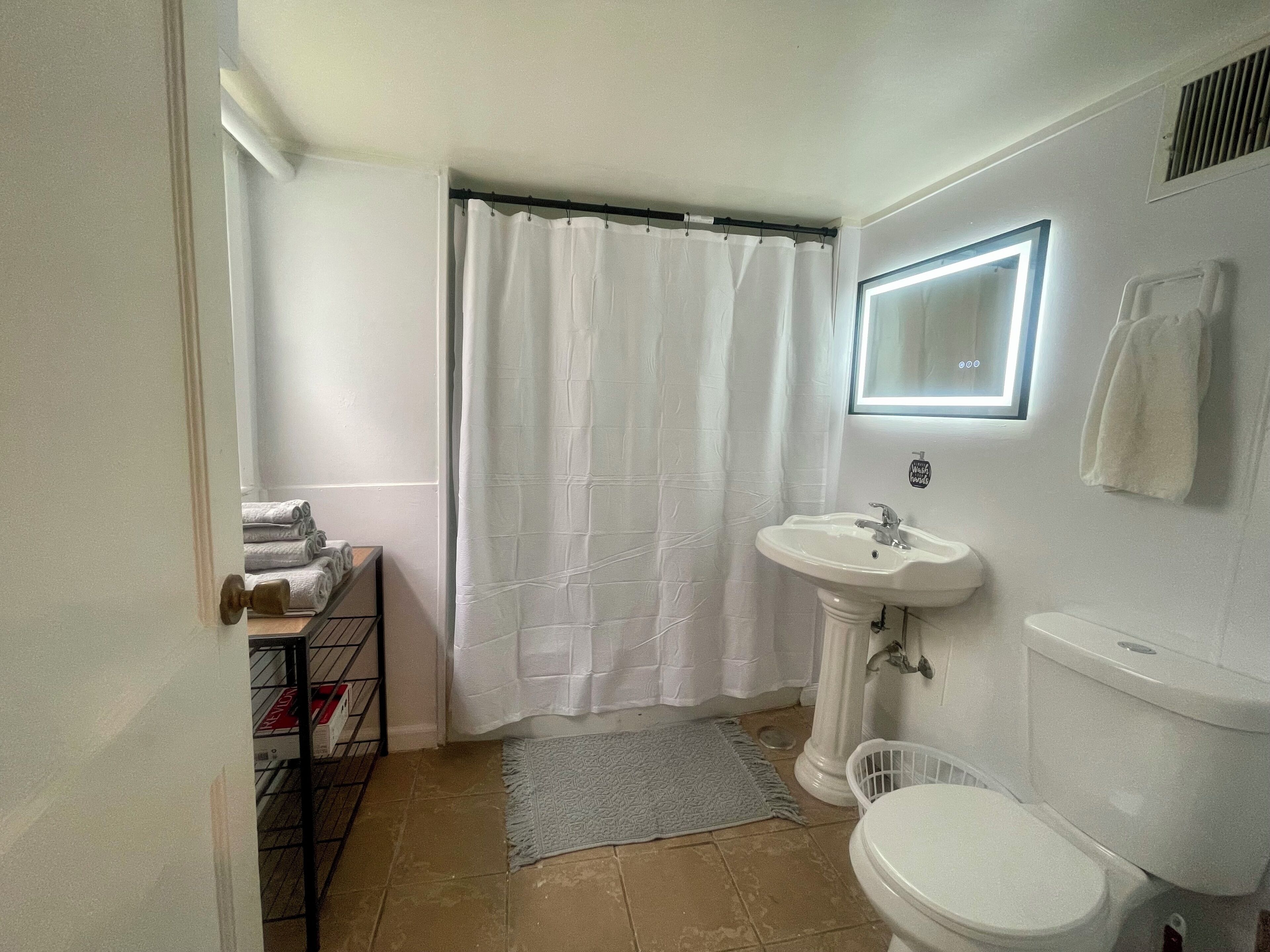 A bathroom with a white sink, a toilet, a shower curtain, and a small rug.
