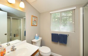 Douche, sèche-cheveux, serviettes fournies, savon