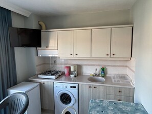 A compact kitchen with a gas stove, washing machine, and a sink. - Basak Apart (Marmaris)