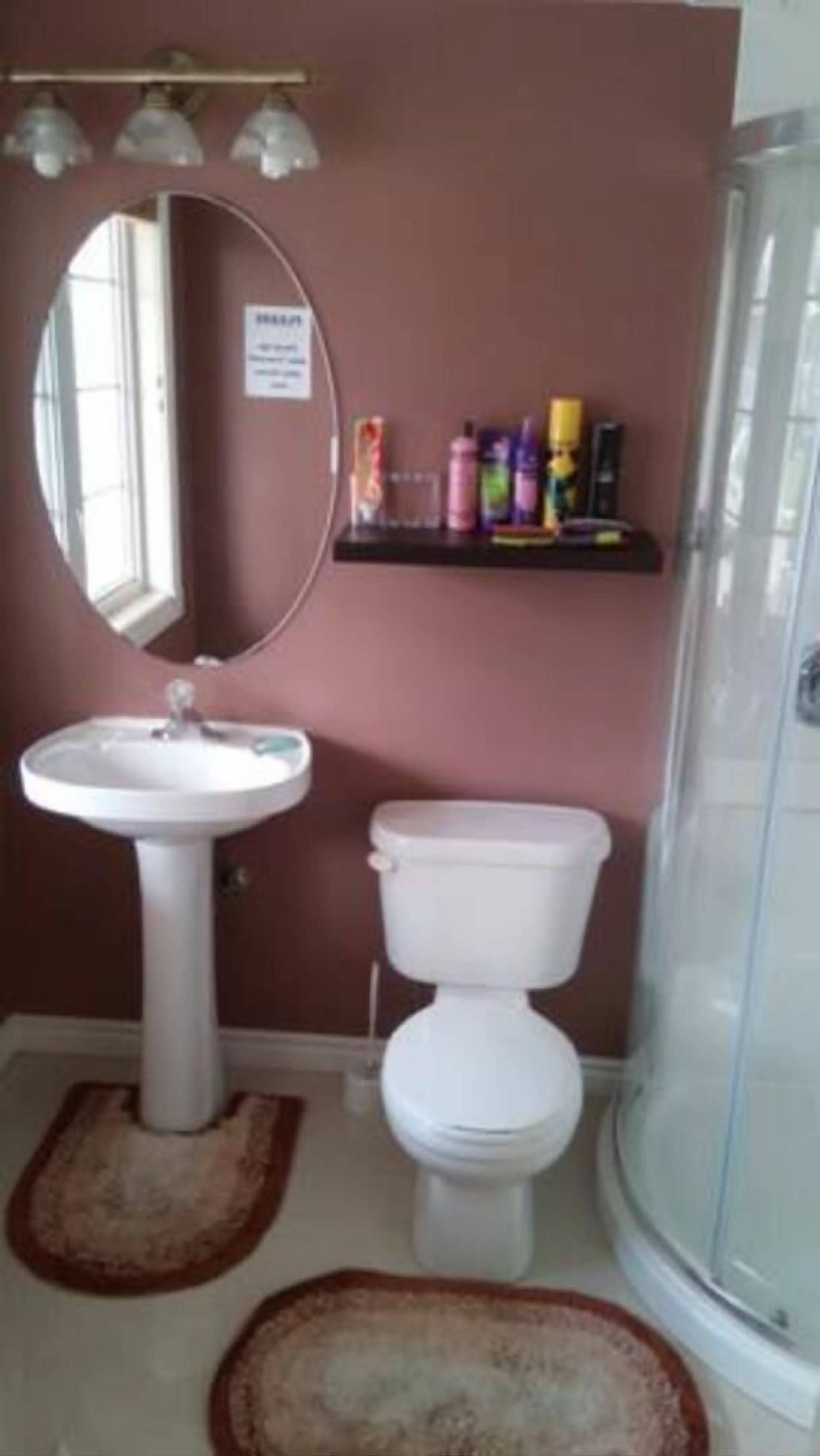 Baño con lavamanos pedestal, inodoro, ducha y espejo. Hay artículos de aseo en un estante sobre el inodoro.