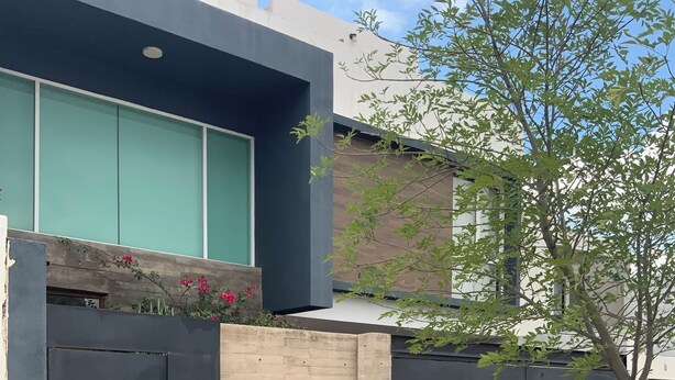 A modern building with a dark facade, a visible entrance, and a small garden area with plants and a tree.