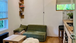 Un ambiente compatto con un divano verde, un piccolo tavolo di legno, un pouf bianco soffice, una zona cucina con lavello e fornelli, e una finestra con persiane.