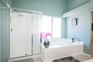 Hair dryer, towels, soap, shampoo
