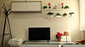 A room with a TV on a stand, a lamp, and a shelf with plants and a small house model. - Charming Apartment with Garden View in enchanting Venezia (Sestiere Cannaregio)
