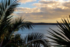 A coastal view with palm trees in the foreground and a distant shoreline. - Tenby Studio Apartment - Stroll to Beach and Town (Tenby)