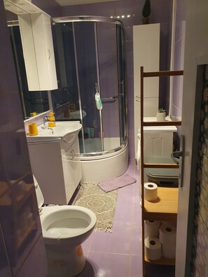 Regadera, secadora de cabello, toallas, papel de baño 