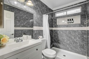 Hair dryer, towels, soap, toilet paper