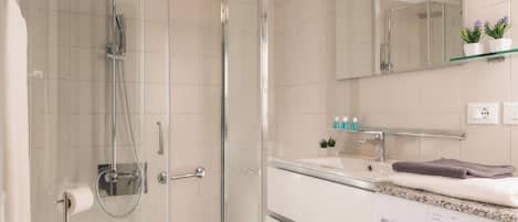 Shower, hair dryer, bidet, towels