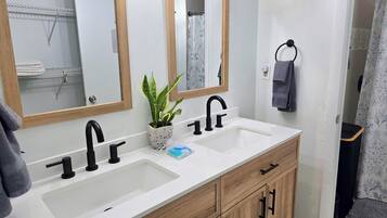 Chuveiro, secador de cabelo, toalhas de banho, papel higiênico