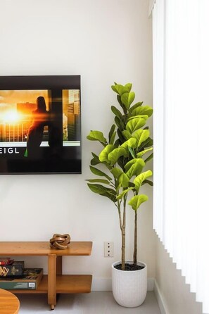 A room with a television mounted on the wall, a potted plant, a wooden bench, and a window with blinds.