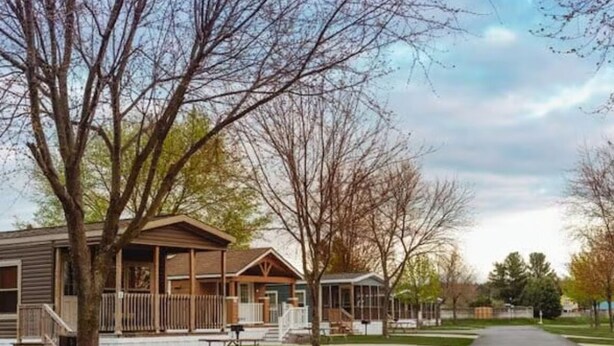 A row of cabins with wooden exteriors and porches, a paved walkway, and a grassy area with trees.