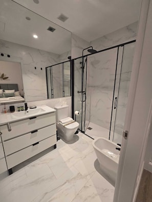 Shower, bidet, towels, soap