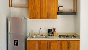 Cocina compacta con gabinetes de madera, un refrigerador de acero inoxidable, un lavamanos, una cafetera y una estufa a gas.