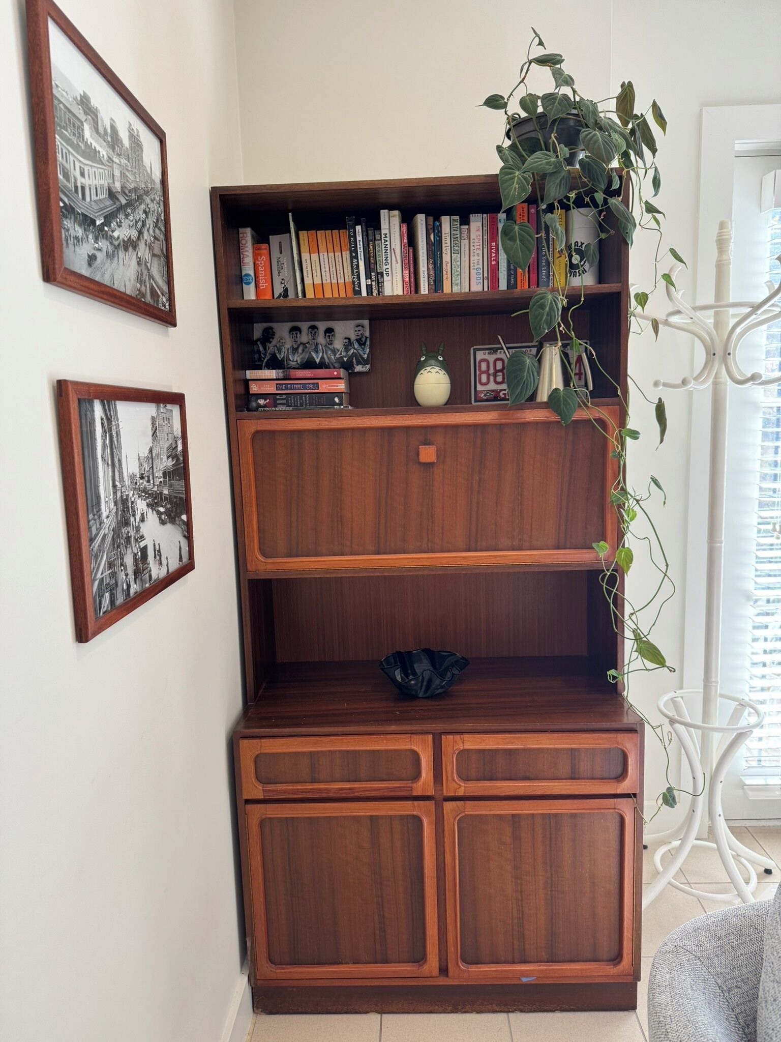 A wooden bookshelf with books, a small decorative item, and a plant.