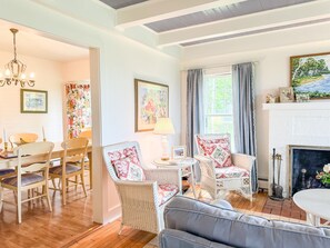 Smart TV, fireplace, books