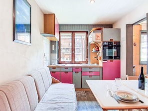 Fridge, microwave, cookware/dishes/utensils