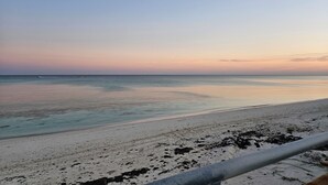 Ein Strand mit blauem Himmel und ruhiger See.