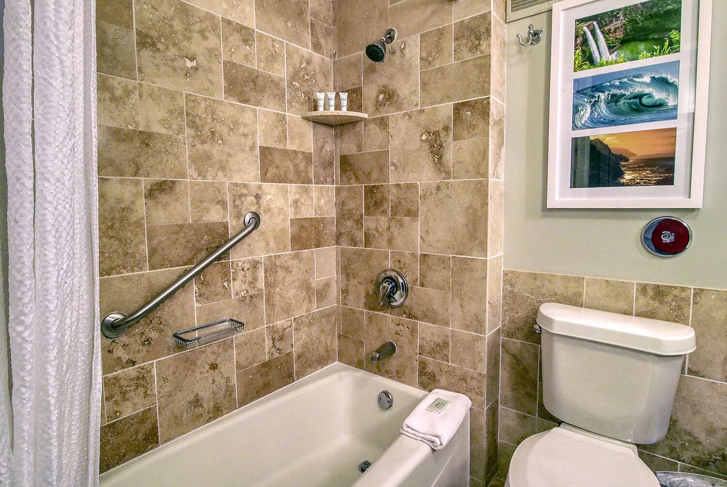 A bathroom with a bathtub, a toilet, and a shower area with a handrail.