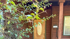Een houten huis met een groene deur, een brievenbus en een kleine tuin met een bloempot.