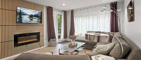 TV connectée, cheminée, chaîne hi-fi, écrans d'ordinateur