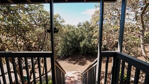 A wooden deck with a view of a dirt path leading through a wooded area.