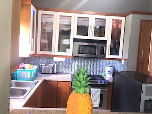 Fridge, microwave, oven, stovetop