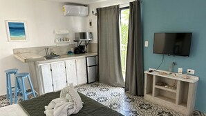Una habitación de hotel con cama, televisión, kitchenette y baño.