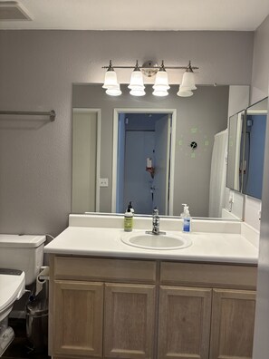 Hair dryer, towels, soap, toilet paper